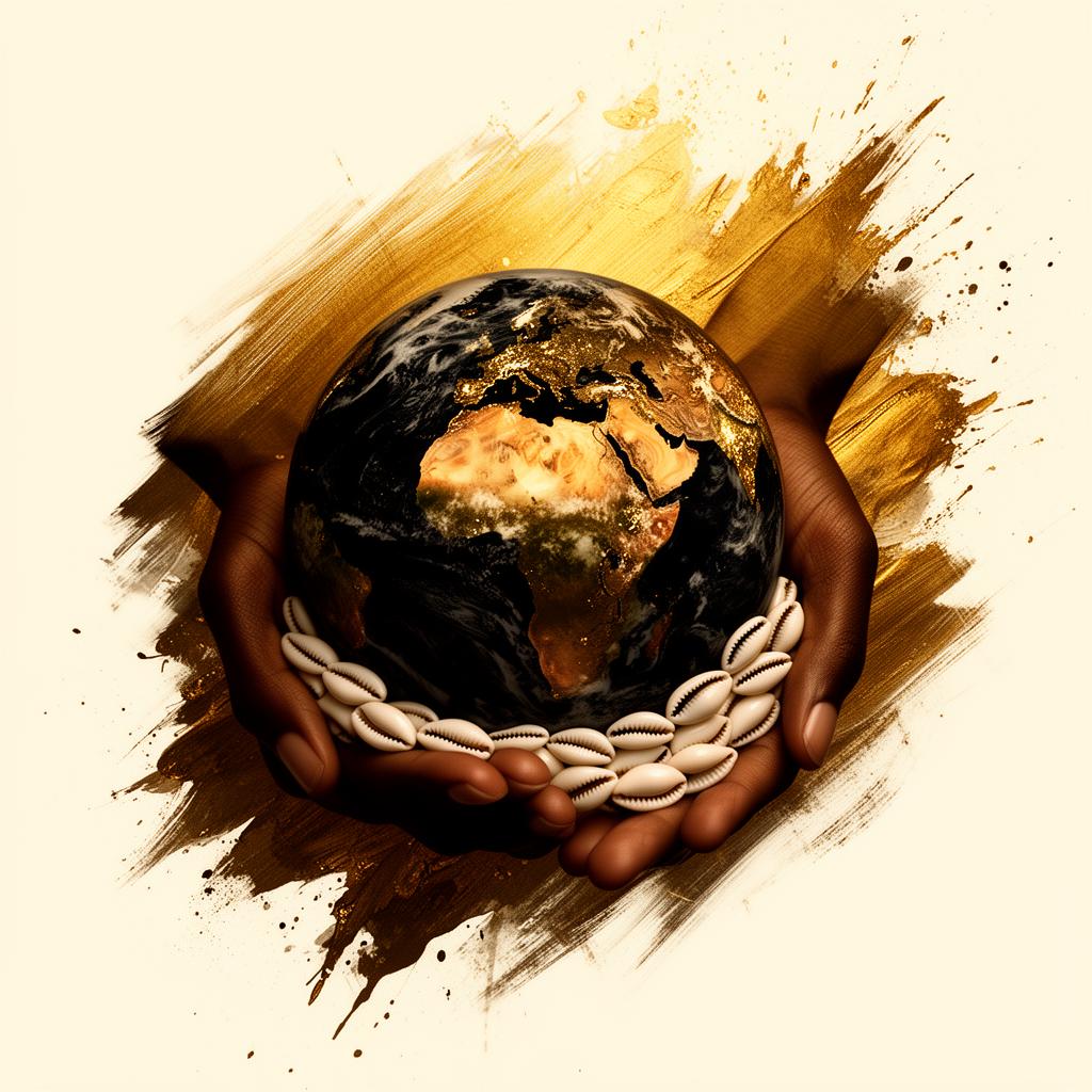 Mãos segurando globo dourado com cauris
